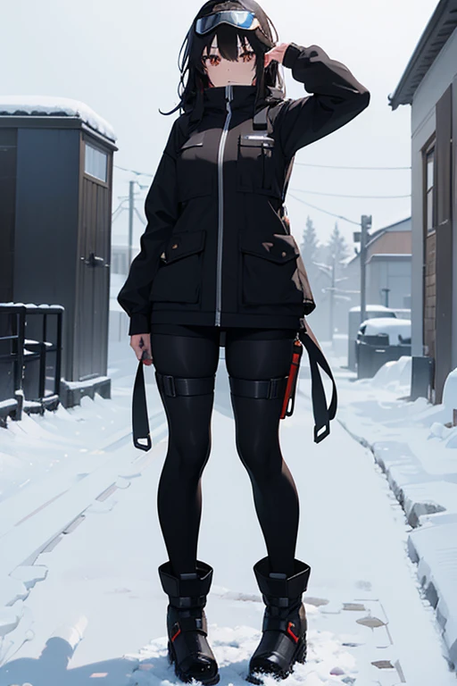 Hot girl, beautiful long black hair,dark brown eyes, snow goggles over her head, black pants, big but medium breasts, A closed short black jacket with Whitefur, long black sheer socks, snow boots, cozy area, normal expression, NOT LOOKING AT THE VIEWER