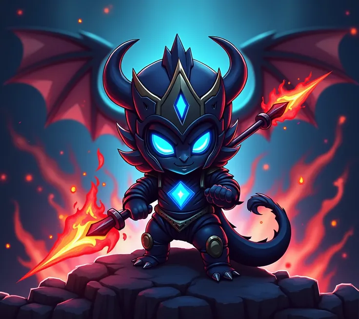  a gaming team logo , cute chibi,  close Dark thrower in black clothes and a blue diamond on his chest wearing a crown helmet with neon blue eyes holding a flaming red 3-toothed spear, Written "Lancer" in the image, Close up of Black Dragon around, chamas ...