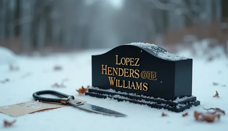 The image shows a black rounded rectangular object  with the words "Lopez Henderson Williams Dead" written in gold on it. The object appears to be lying on a white surface, possibly a table or countertop. There are several small pieces of debris scattered ...