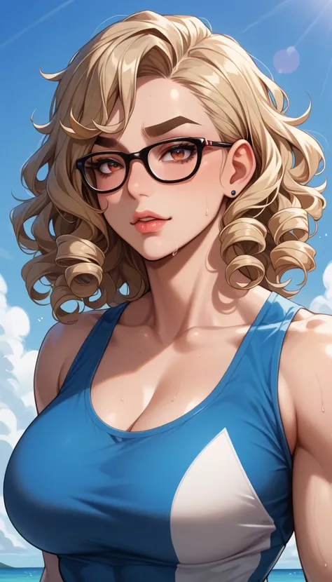 I want a hero who is a very muscular woman but without exaggeration but with very strong arms., She has white skin, slightly thick eyebrows, wears rounded glasses and has very black, curly hair., Her hair is very short with a masculine cut and she is a her...