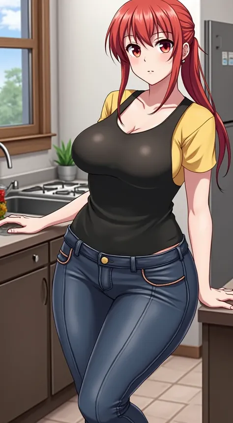 40-year-old adult woman with long red hair tied with a ponytail with red eyes big breasts wearing a yellow shirt short sleeve and tight blue jeans in the background of a kitchen the anime style