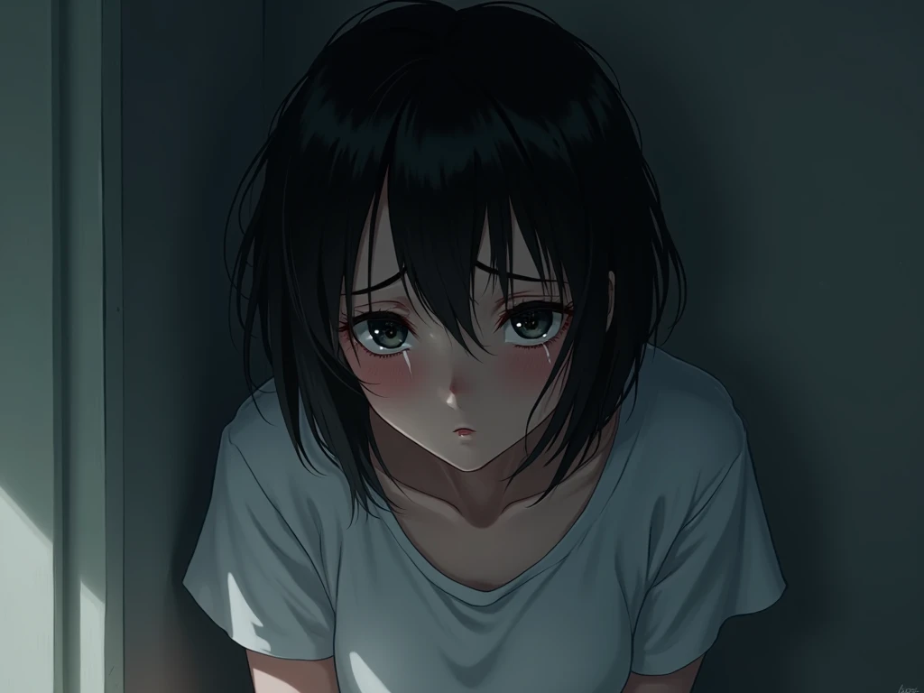 anime,  beautiful woman of twenty-three years old,  messy black short hair,  shiny black eyes ,  flushed cheeks , tired look, pajamas, Depressed face , crying,  corner of a room 