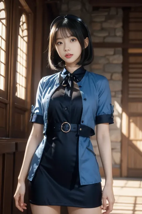 ,  Japanese cartoon movie ,  Very Detailed Face,  very detailed eyes ,  Very Detailed Background ,  perfect lighting ,  cowboy shot , 1 woman,  Korean, Alone, Aki Rosenthal, Colored dress, short dress, Short sleeve , Blue jacket,  black stockings , Hair lo...