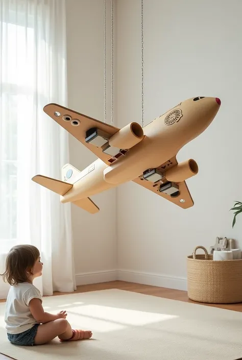 Create an image for me that is a Montessori multisensory panel in the shape of a mobile plane with more things something more advanced