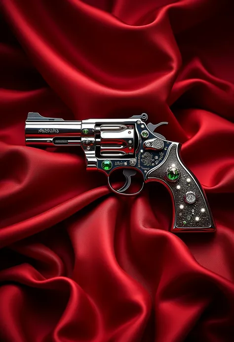 Revolver handgun, Revolver with 6 Barrels Bundled, Innovative,  super real ,Fine Workmanship ,Metalworking,bullet, Red Silk Cloth Top ,  Emerald Gems ,Diamond Gems , Luxury, High-end brands,