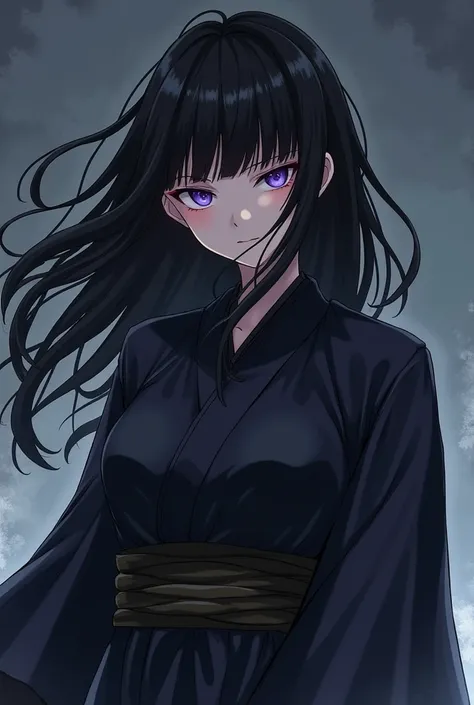 Anime girl Jujutsu kaisen style, bangs above eyebrow, long black hair, himecut, Jujutsu uniform, light purple eyes