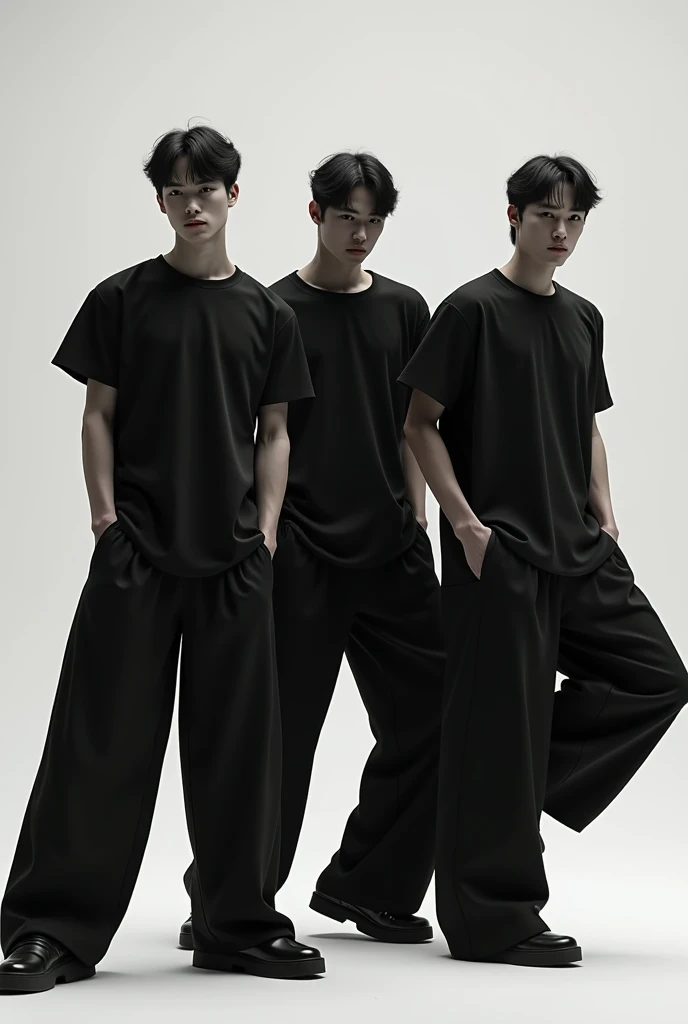 4 male models posing with oversized black t-shirts without design and wide pants
