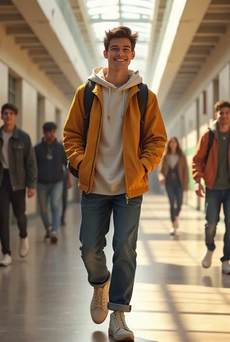 Cute guy, 20year old, weriong oversized clothes, outdoor, college hallway 