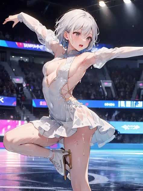   dynamic angle  、   Details、Perfect body、  funny,（  small breasts ) ,  Silver Short Hair 、vagina、 white dress、(((sweat)))、((( Wet )))、(( figure skating))、( skating rink)、((A large number of people))、((dynamic、Powerful Movement))、(((Leg spread)))