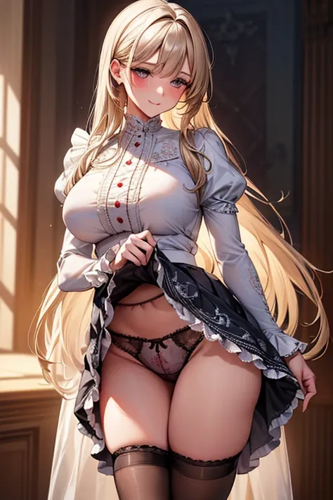 8k、 best quality 、MAXIMUM CLARITY  、  very detailed、Beautiful art、  very detailed、  biologically correct body  、  gentle smile 、Maternal、 Transparent muscle 、   super big boobs 、(((  lace panties with luxurious ruffles and delicate embroidery)))、  pantyhos...