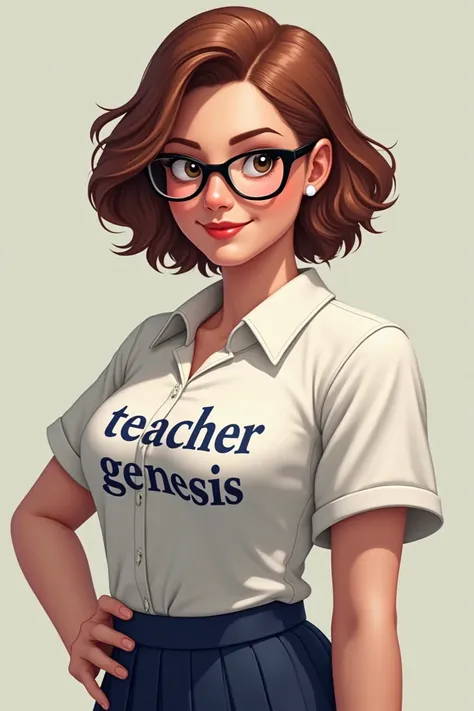 Create an image of a thick girl with short brown brown hair with glasses and a uniform uniform and who says teacher Genesis on her shirt 