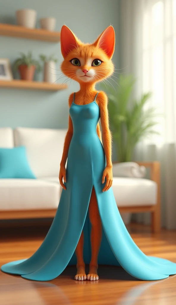 In cinematic 3D style ,HD image, realistic image, colourful image. 
Character, Orange big female cat wearing blue long dress,The body structure is slim and elongated
Action,A big orange cat is standing inside the house, , the floor of the house is shining,...