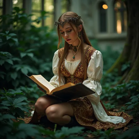 Cosplay portrait, young woman channeling a fantasy epic character, age range 18-21, long slender legs, narrow waist, sitting in a historic garden surrounded by lush greenery, focused expression while reading an old book, natural beauty accentuated by verda...