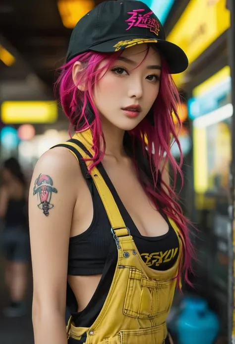 1 sexy Japanese girl, bellissima, solo, big natural tits upper body, close-up, dark pink colors hair, wear cap, wearing a low cut yellow ripped overall and black tank-top, walking away, hip-hop theme in cool color tones, Neon Noir style
