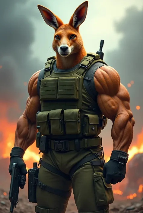 A muscular anthropomorphic kangaroo with a determined and confident expression. He is dressed in tactical military gear, featuring a green tactical vest with pouches, a belt with additional equipment, and fingerless gloves. The kangaroo holds a high-tech c...