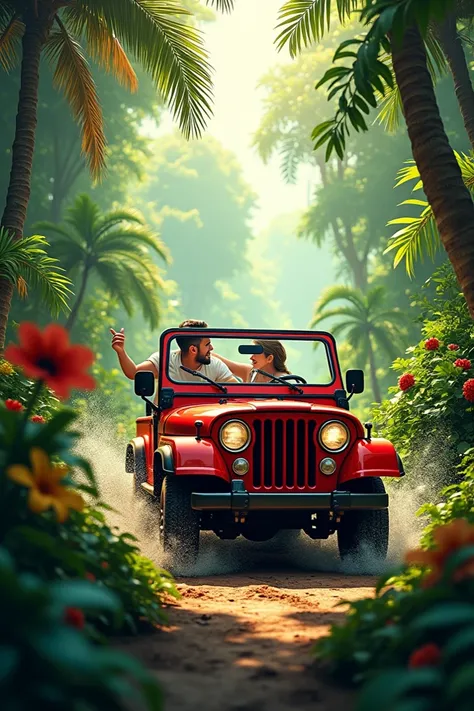 Red open jeep in easter jungle and a couple standing 