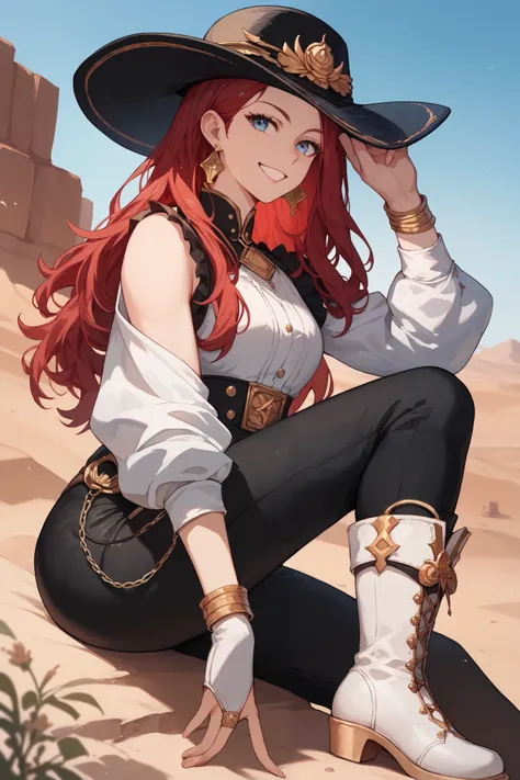 Woman, long red hair, blue eyes, black hat,Black blouse, Golden earrings,black pants, white boots with gold details, cowgirl,Anime style ,Old West ,Fearless look, smiling, in a desert 