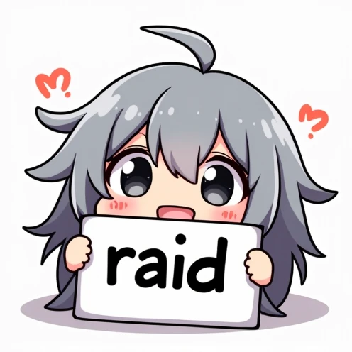 emote for twitch,  medium-short shot, anime, Chibi, chico, happy face, Let only the face come out, gray hair and a sign appears with the word "RAID"