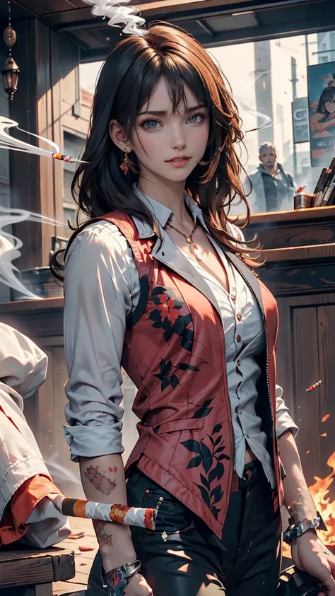 ( Highly Detailed CG Unity 8k Wallpaper ),(masterpiece), ( best quality), ( super detailed), ( best illustration ),( vest shadow ), ( sharp eyeliner,  eyeshadow,  Detail Eyes:1.1), (inflammation, cigarette:1.3), ,break, (vector:1.2),  Evil Smiles ,  