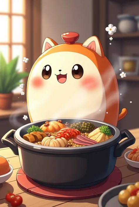 Create an anime-style pressure cooker with food inside