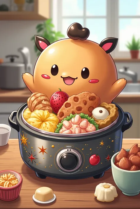 Anime style pressure cooker with food inside