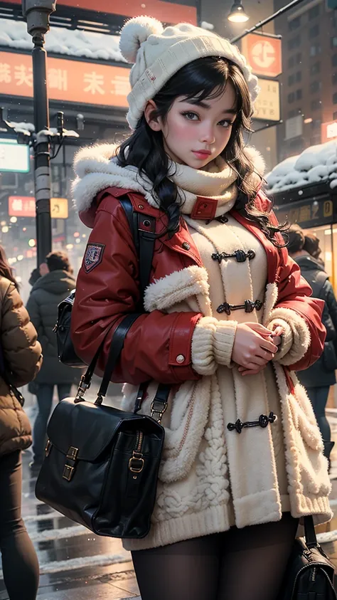 1 female、Early 20s、(A beautiful woman with a strong will)、(super beautiful face)、(detailed face)、wearing makeup、wavy black hair、snowy night、red duffel coat, Standing on the platform of a metropolitan station、The background is a stopped train、shallow depth ...