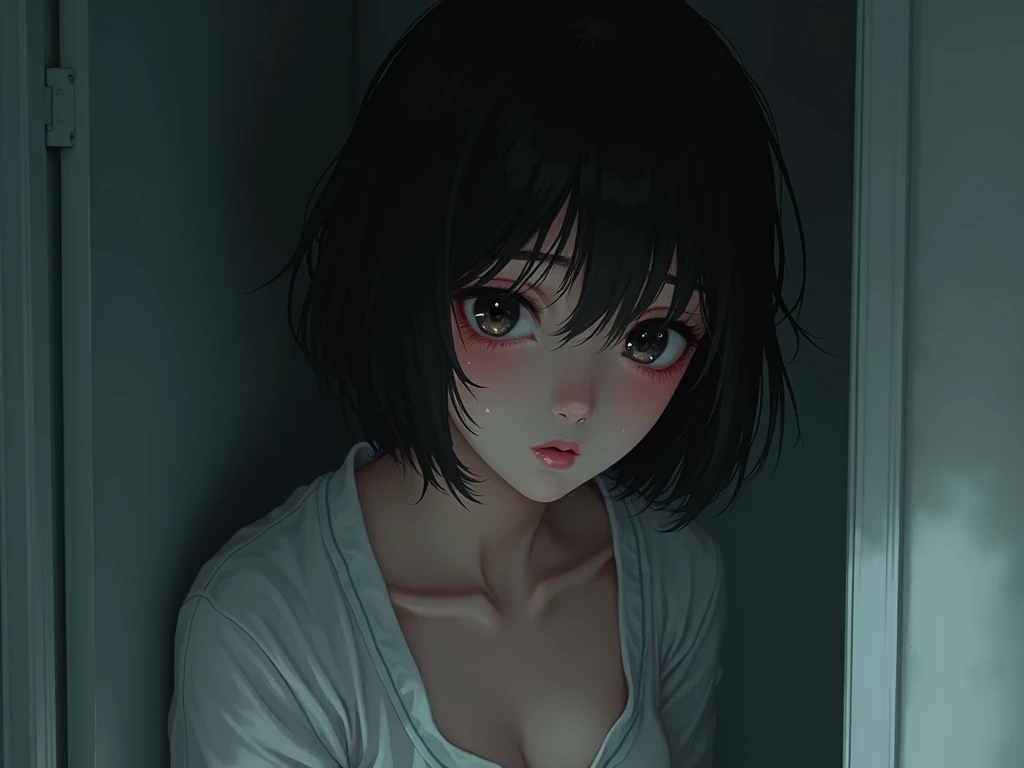 anime,  beautiful woman of twenty-three years old,  messy black short hair,  shiny black eyes ,  flushed cheeks , tired look, pajamas, Depressed face , crying,  corner of a room 