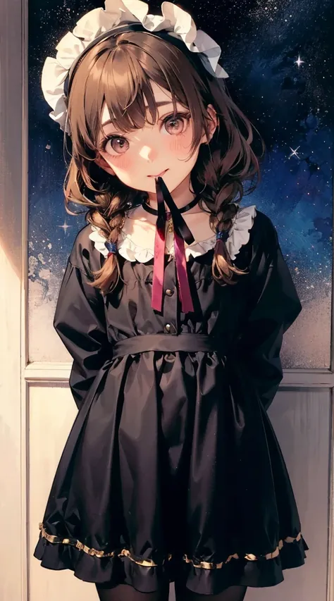 ,Ami has brown hair, golden eyes, "Sweet Lolita" clothing,Small in stature, pink cheek,hair in two curly braids tied with ribbons to match her clothes, starry eyes that sometimes light up in her eyes, mouth open happily.