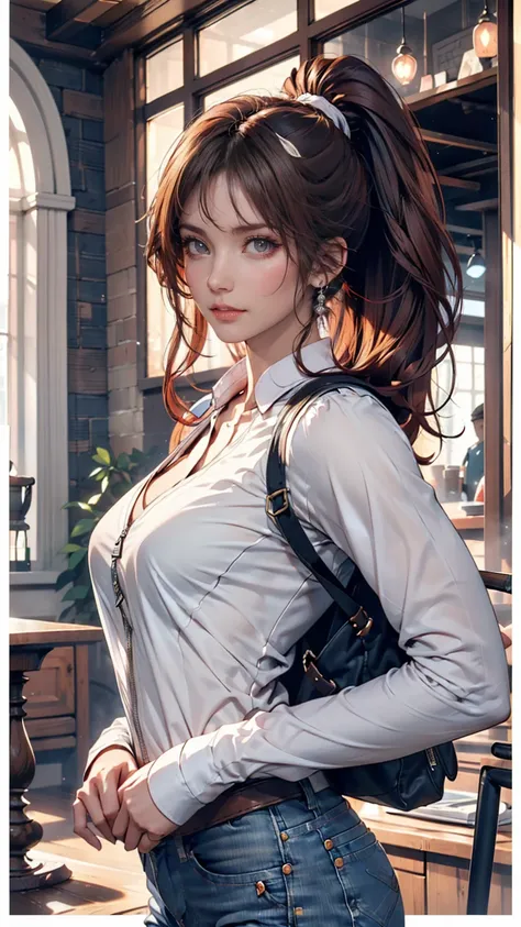 (draw) ((masterpiece,  best quality)) ( character design sheet,  Same character, Front, side, return, There are words written all around) Woman with long hair, Redhead with ponytail hairstyle,  Brown Eyes , Wear a bulletproof vest ,  long sleeve zippered s...