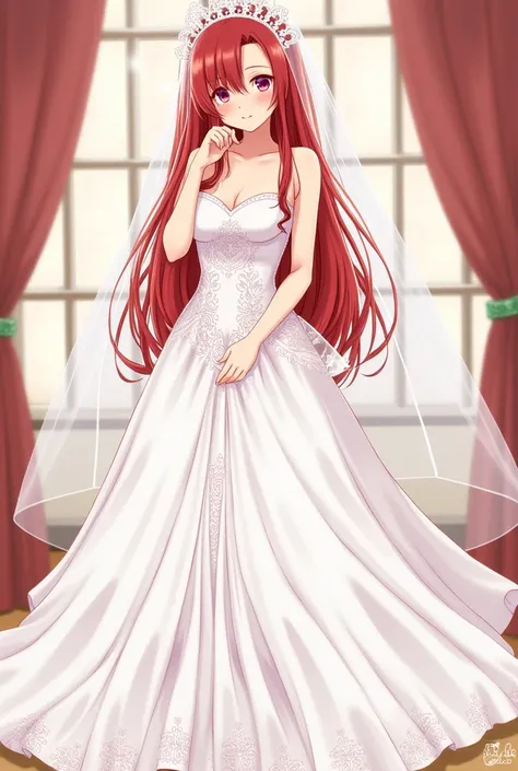 1 girl,  masterpiece , highres,  sound borders_you laugh_GREMORY, long red hair , ((vestido de novia,  room,  bridal underwear , Wedding theme))