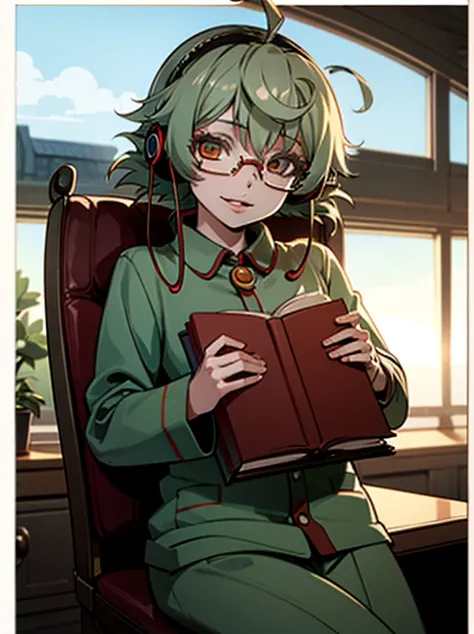 an anime girl in an ancient oriental setting sitting in the house,study room, desk, chair, books, green pajamas,  hair ornament, sky, day, looking at viewer, parted lips, blue sky,  1girl,  (best quality, masterpiece, ultra-detailed, illustration:1.2),(8K ...