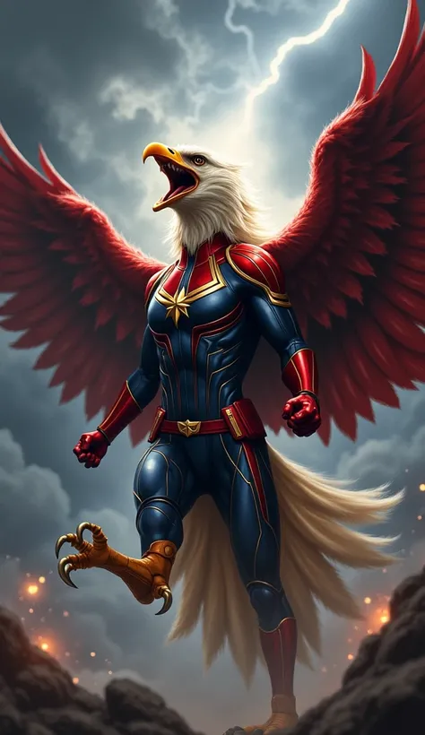 Captain Marvel in the shape of a furious and roaring eagle 