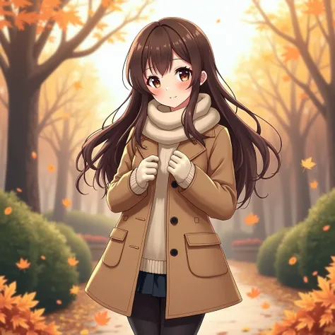 High school girl、sweater、HEATTECH、Beige coat、Woolen gloves、 muffler 、Beautiful Hair、 Big Breasts 、 standing、Outdoor、autumn、Dead leaves are piling up、garden、Date、 smiles、 anime style