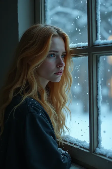 Melancholia golden-haired woman looks thoughtfully out the window during a snowy night 