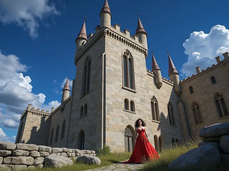 Beautiful little woman dressed in red possessed by a sexy zombie in a castle 