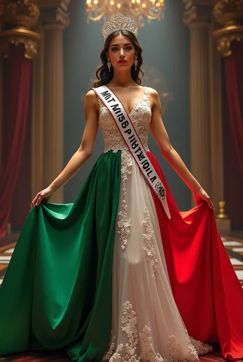 Woman dressed as miss universe with the mexican flag 