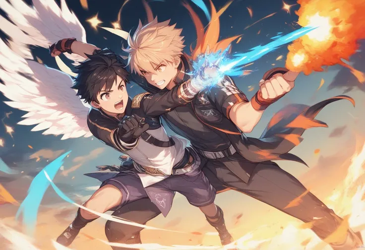 (((2boys))),fighting,battle,cute,kawaii,anime,1boy:white angel,1boy:black fallen angel,magic,glow,Colorful, color explosion,masterpiece, best quality,top quality, ultra-detailed,8K,daynamic pose,daynamic angle,