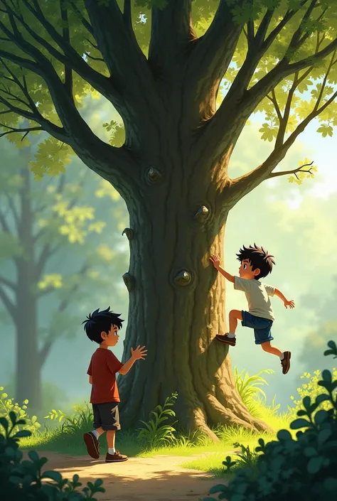 One boy immediately ran up a tree, leaving the other boy behind. 