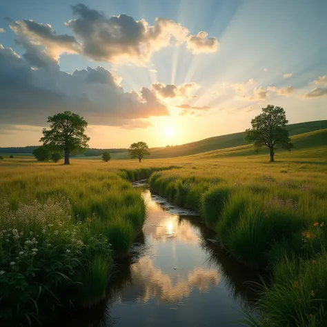 Stunning 4K shot of a vast, sprawling temperate tallgrass Savanna with randomly scattered hickory trees in all its glory. The high-quality footage reveals a sea of vibrant colors with the sun above the horizon in the mostly cloudy sky with sunrays between ...