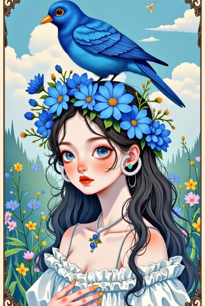 There is a bird on the girl&#39;S head in the painting  ，There is a blue bird on the head,  digital art inspired by Hsiao Rongcheng ,  winner of the Béchamps contest ,  pop surrealism, There&#39; with a bird on her head ,  a beautiful art illustration , Fa...