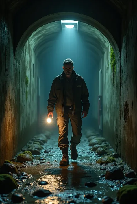 Make this man in a realistic image entering a frightened underground water reservoir,  with a flashlight in its hand.