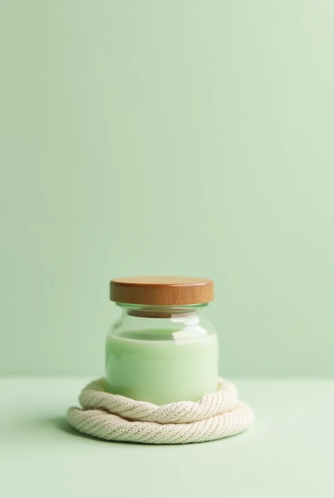 Light green cream inside a small glass jar with a wooden lid with a cloth bottom 