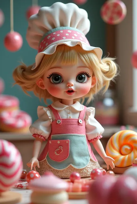 A doll being a candy cook and looking forward