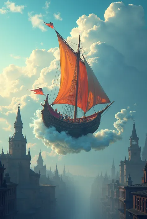 a colorful magic sail boat sailing on top of clouds above a bleak and dreary cityscape, a sense of calm and wonder about the boat.
