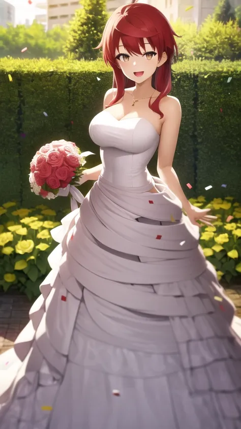 masterpiece, best quality, highres, girl, solo, looking at viewer, enjou_retto, Red hair, Brown Eyes, large breasts, wedding dress, standing, garden, confetti, holding bouquet, smile, open mouth,