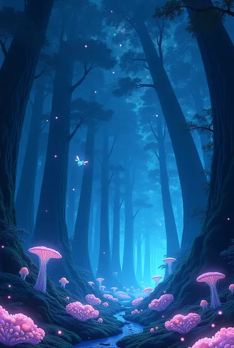 /imagine prompt: Viral anime nature wallpaper in 4K quality, in the style of fantasy art inspired by Yoshitaka Amano, showcasing a surreal enchanted forest illuminated by glowing bioluminescent fungi. Towering, otherworldly trees with translucent leaves st...