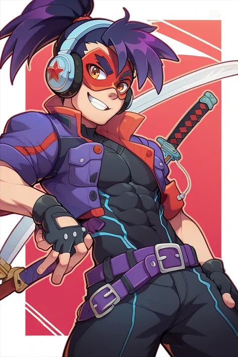 a boy bodysuit  purple and black and red outline outfit and boot accessories fingerless gloves  video game arcade  busters sci  Fi  headphones, belt v warrior black short hair ponytail bang fair skin a sword  mask  black man shadow warrior 