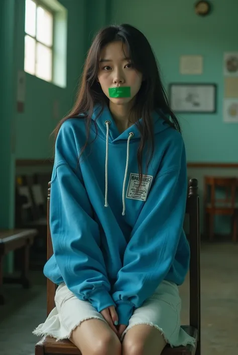 Choi Yoo-jin wears a white jean skirt and a blue hoodie、Sitting on a chair in an old slaughterhouse 、Please hide your hands behind your back and open your mouth slightly 、 with green duct tape on her mouth 。Dark Aura。