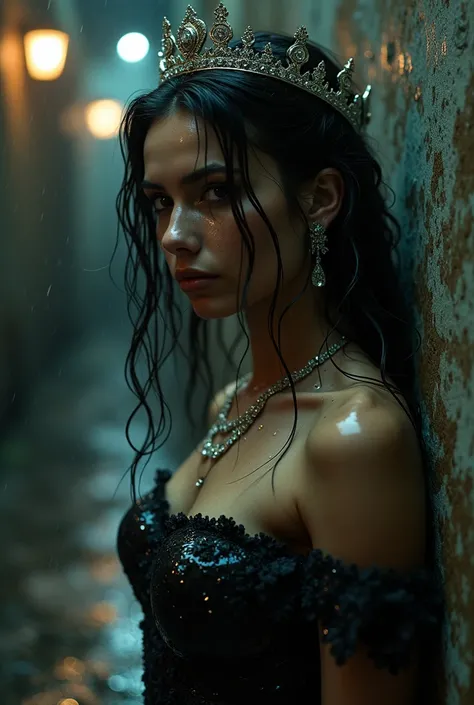 Beautiful woman hiding in a dark alley, slum, dirty, wet, dripping, stained dress, ruined dress, royal jewelry, diamond jewelry, princess crown, (((21 years old))), royal ballgown, beautiful princess, 8k, wet hair, wet dress (((drenched))) (((soaked))) cin...