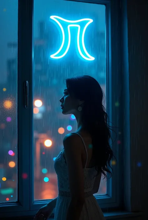  A beautiful woman looks through the window waiting for her lover while it is raining outside with rainbow-colored bubbles in the background,  while in the window it says
"PiScEs" neon blue text 